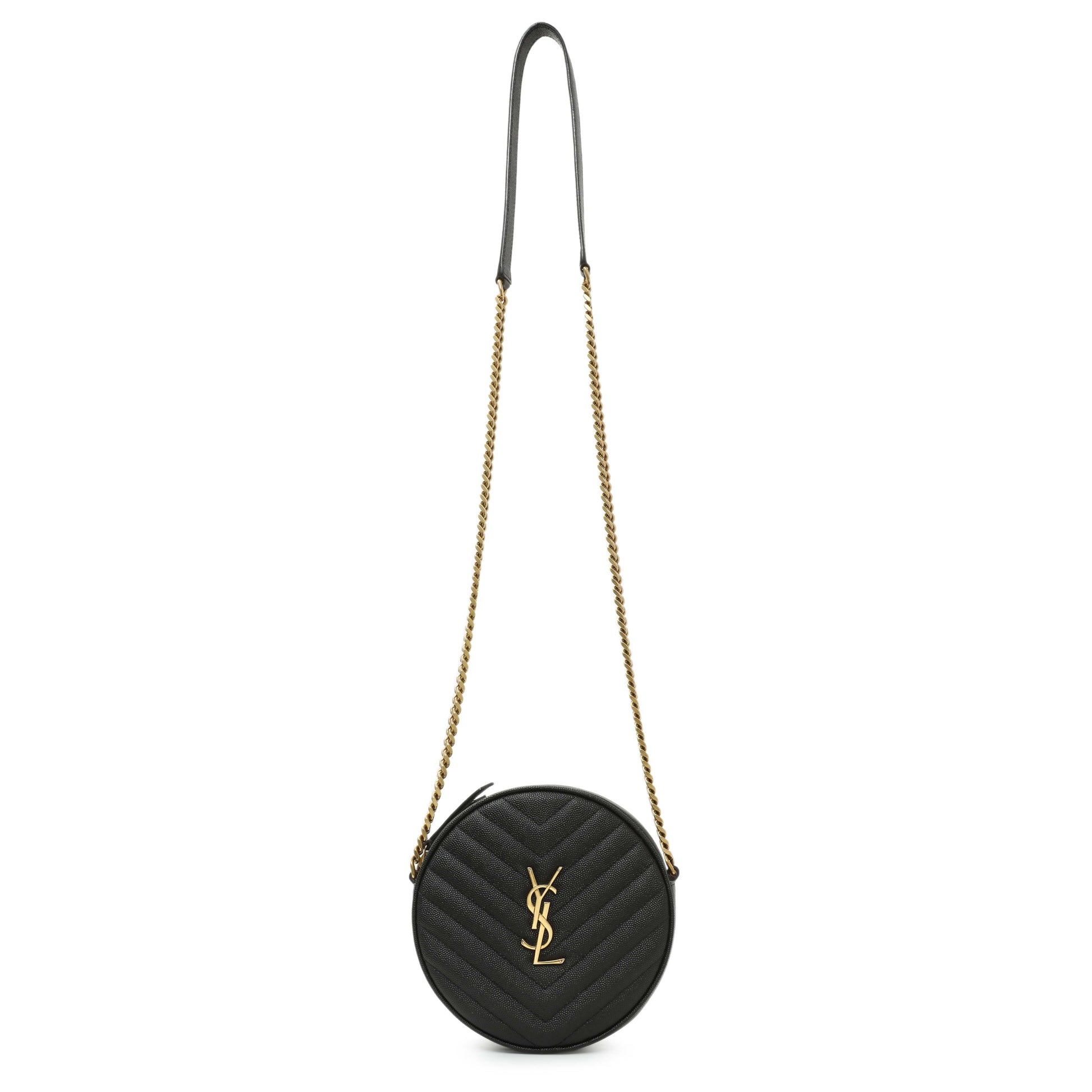 Exclusive Saint Laurent Black Chevron Quilted Grain de Poudre Round Camera Bag — Front View