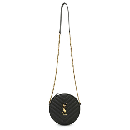 Exclusive Saint Laurent Black Chevron Quilted Grain de Poudre Round Camera Bag — Front View