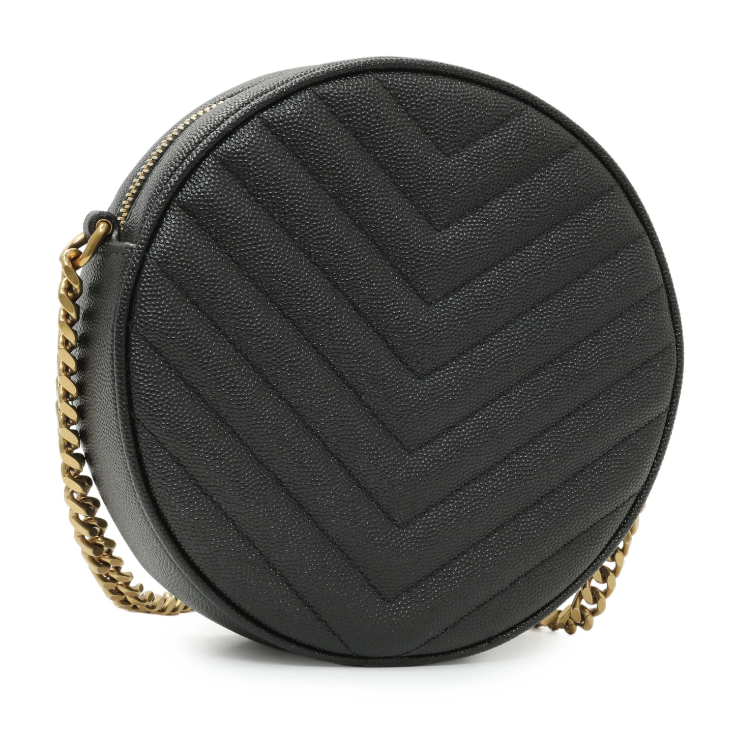 Exclusive Saint Laurent Black Chevron Quilted Grain de Poudre Round Camera Bag — Side View