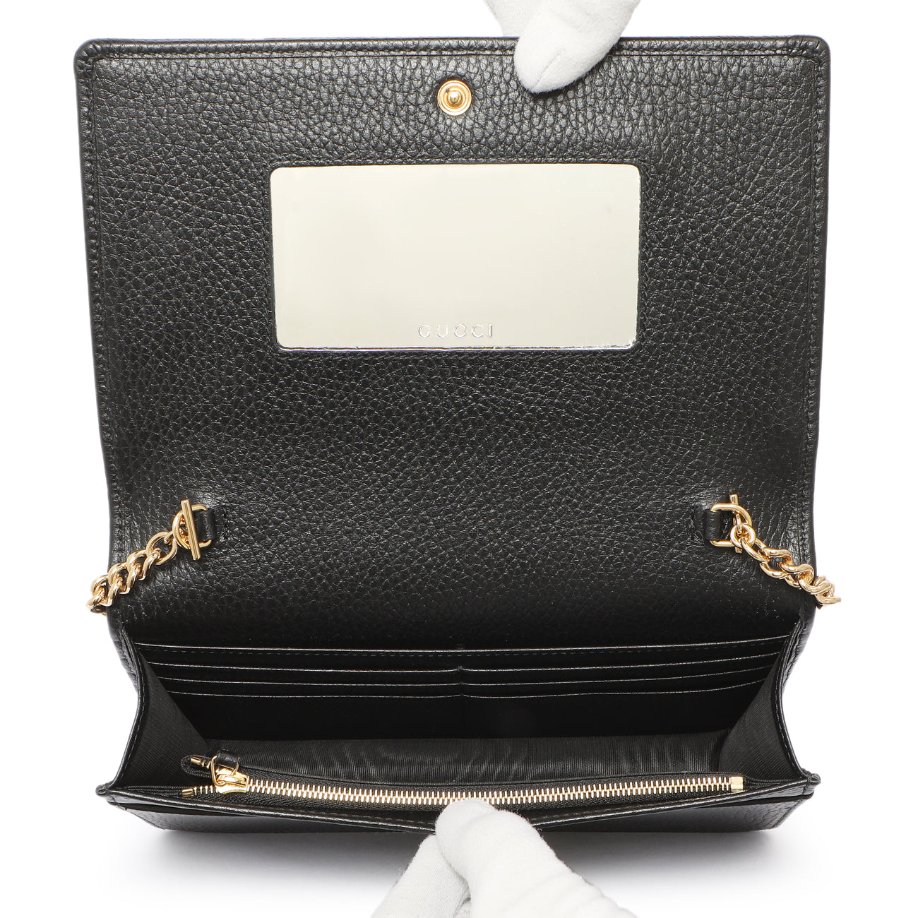Exclusive Gucci Black Calfskin Mini GG Marmont Chain Wallet — Top View