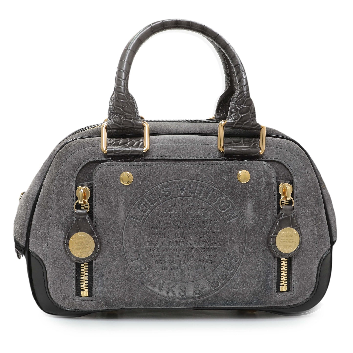 Exclusive Louis Vuitton Grey Suede Stamped Alligator Embossed Havane Bowler PM — Front View