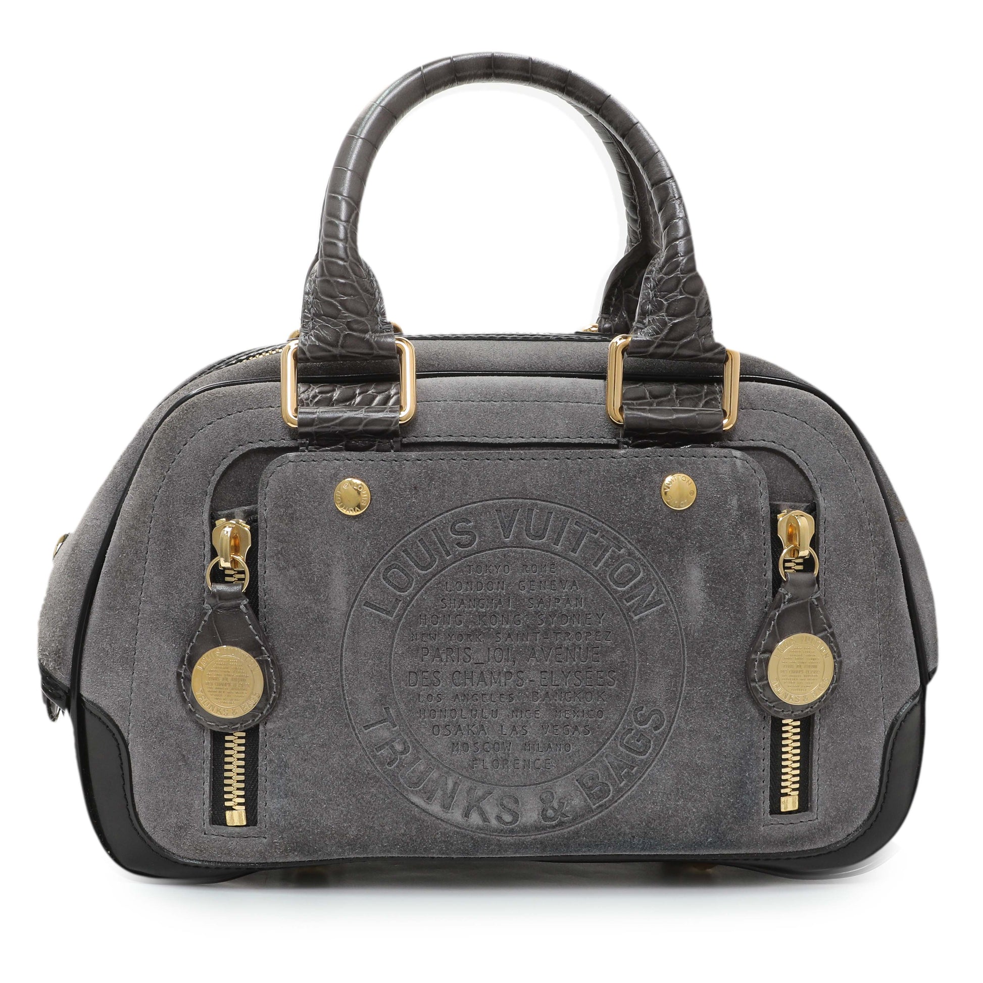 Exclusive Louis Vuitton Grey Suede Stamped Alligator Embossed Havane Bowler PM — Front View