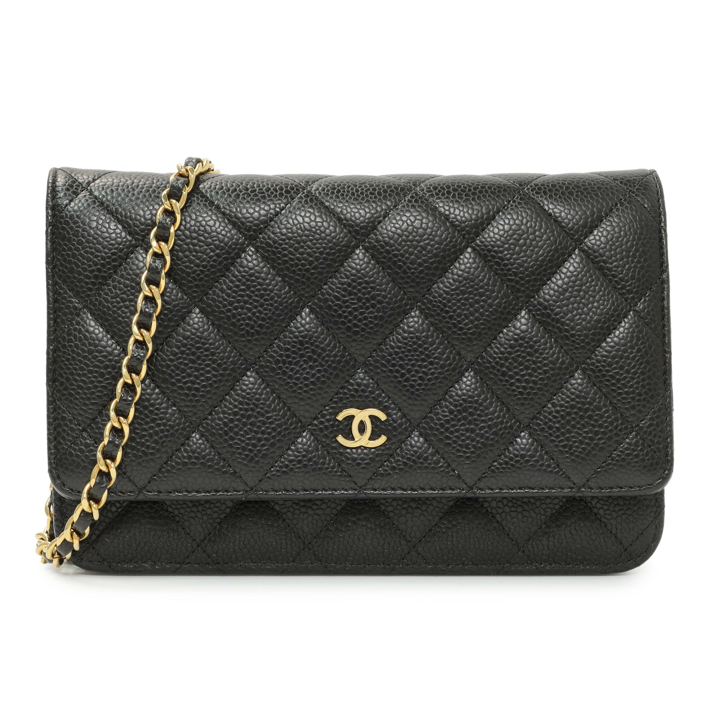 Exclusive Chanel Black Quilted Caviar Wallet on Chain — Front View