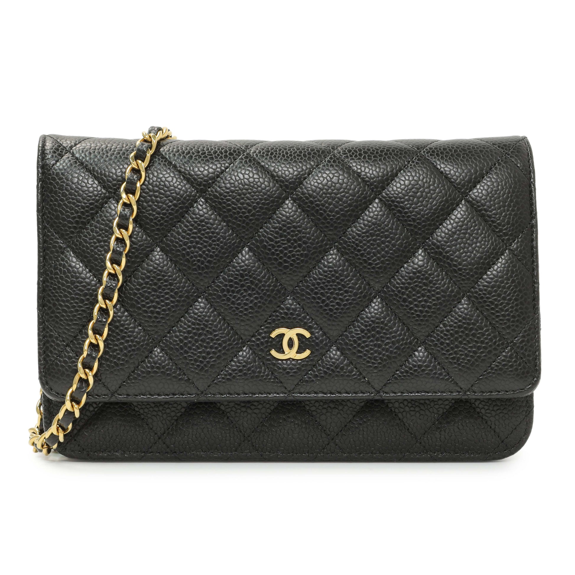 Exclusive Chanel Black Quilted Caviar Wallet on Chain — Front View