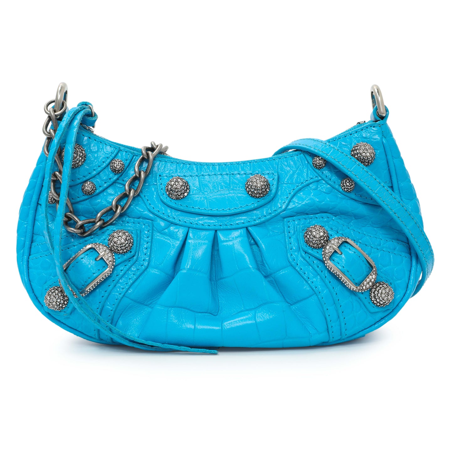 Exclusive Balenciaga Blue Crocodile Embossed Calfskin Crystal Le Cagole Mini Purse With Chain — Front View