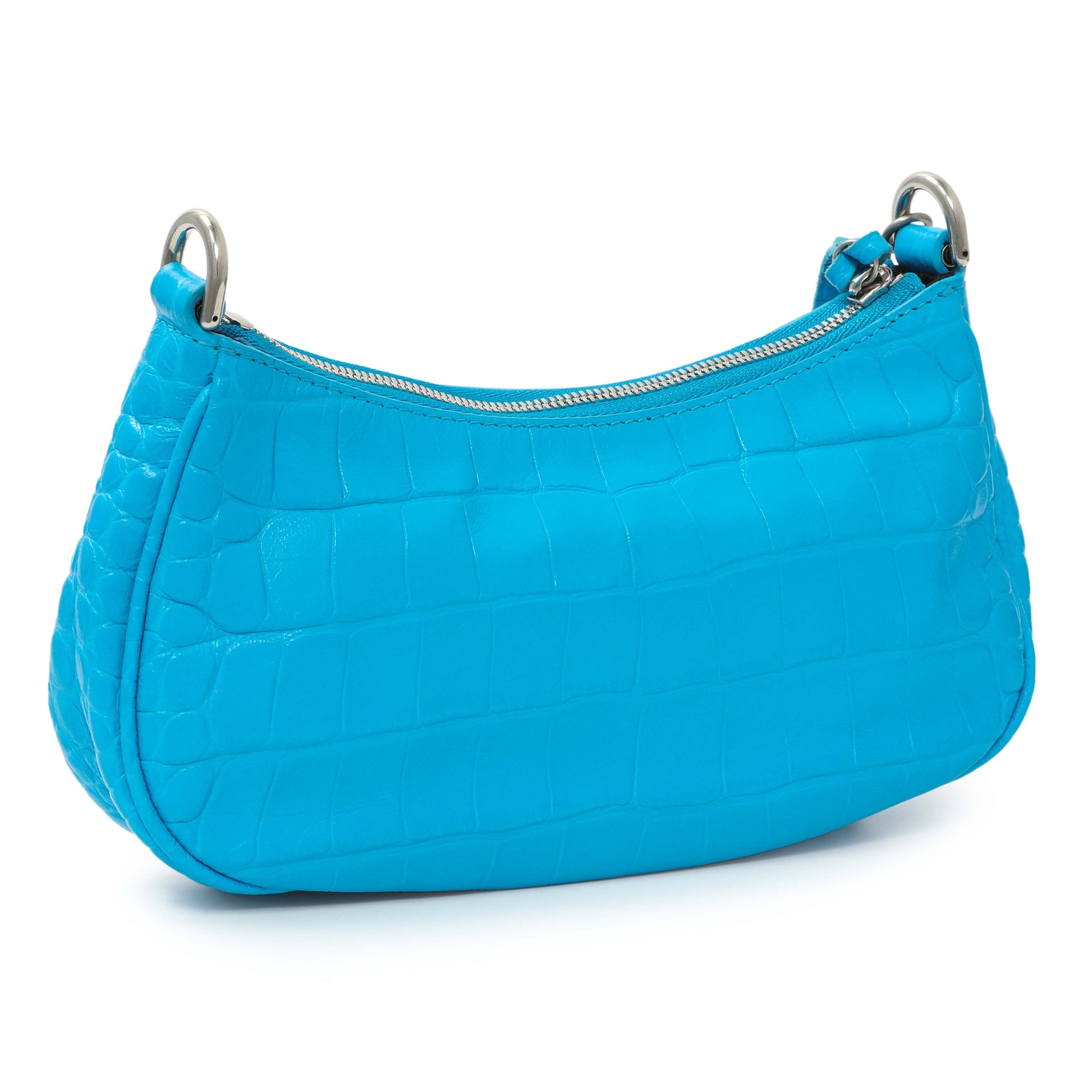 Exclusive Balenciaga Blue Crocodile Embossed Calfskin Crystal Le Cagole Mini Purse With Chain — Side View