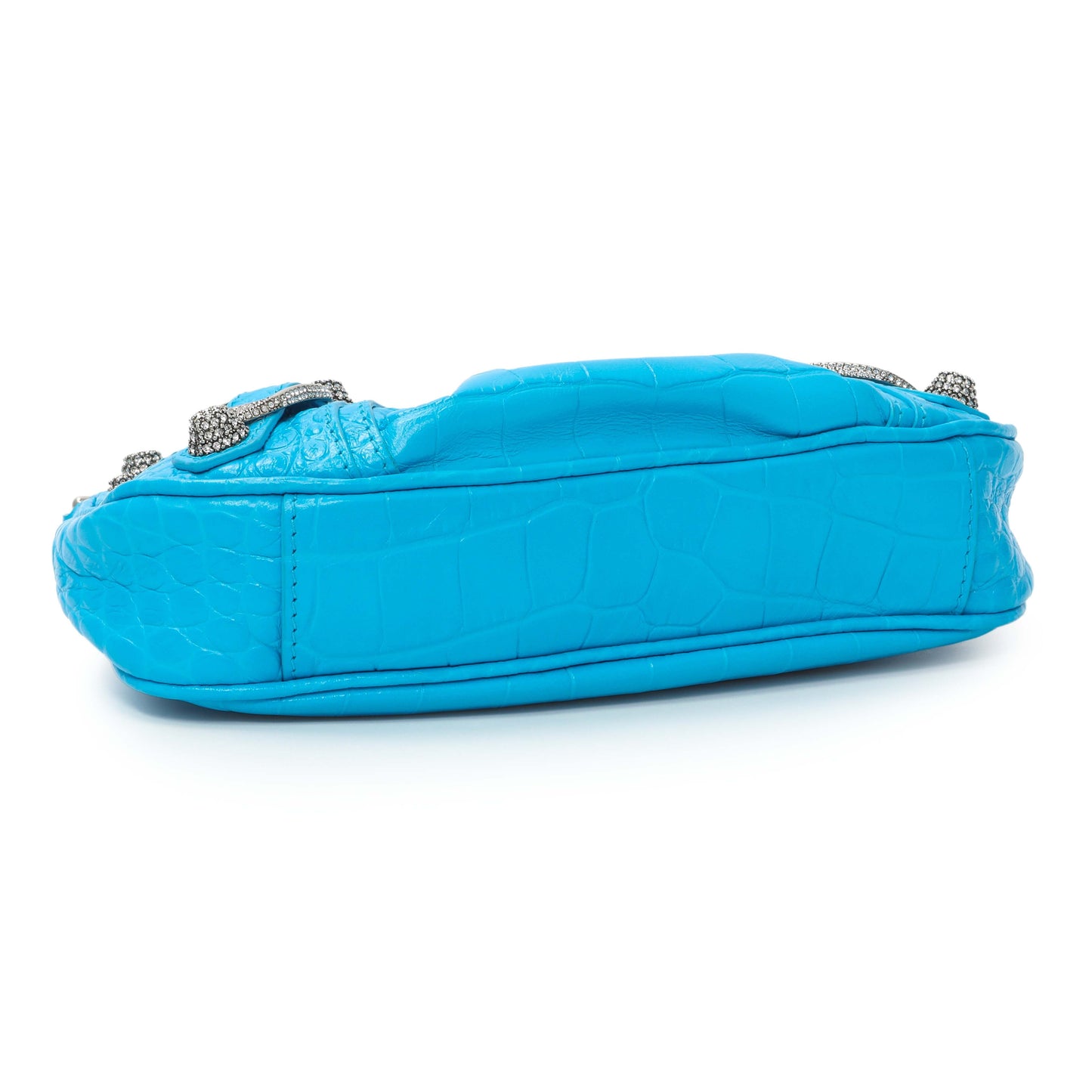 Exclusive Balenciaga Blue Crocodile Embossed Calfskin Crystal Le Cagole Mini Purse With Chain — Back View