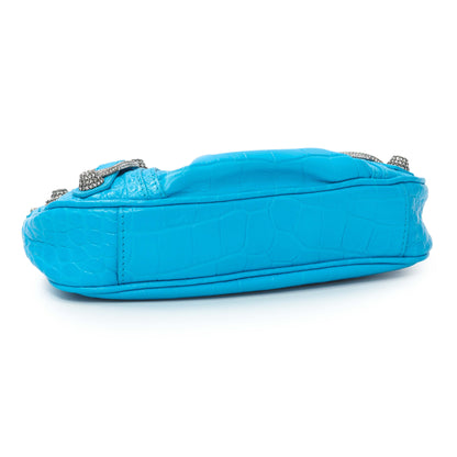 Exclusive Balenciaga Blue Crocodile Embossed Calfskin Crystal Le Cagole Mini Purse With Chain — Back View