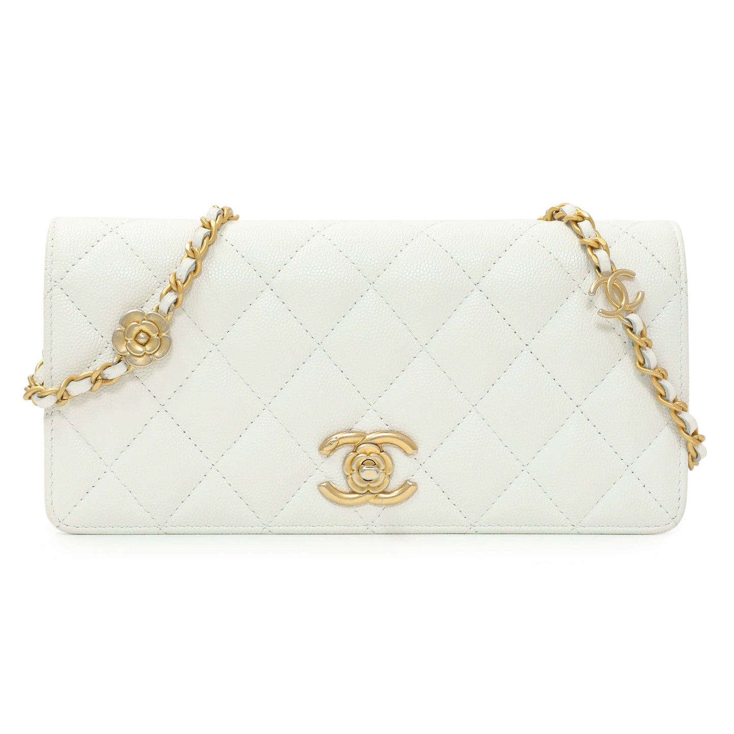 Exclusive Chanel White Quilted Caviar Camellia Chain Flap — Front View