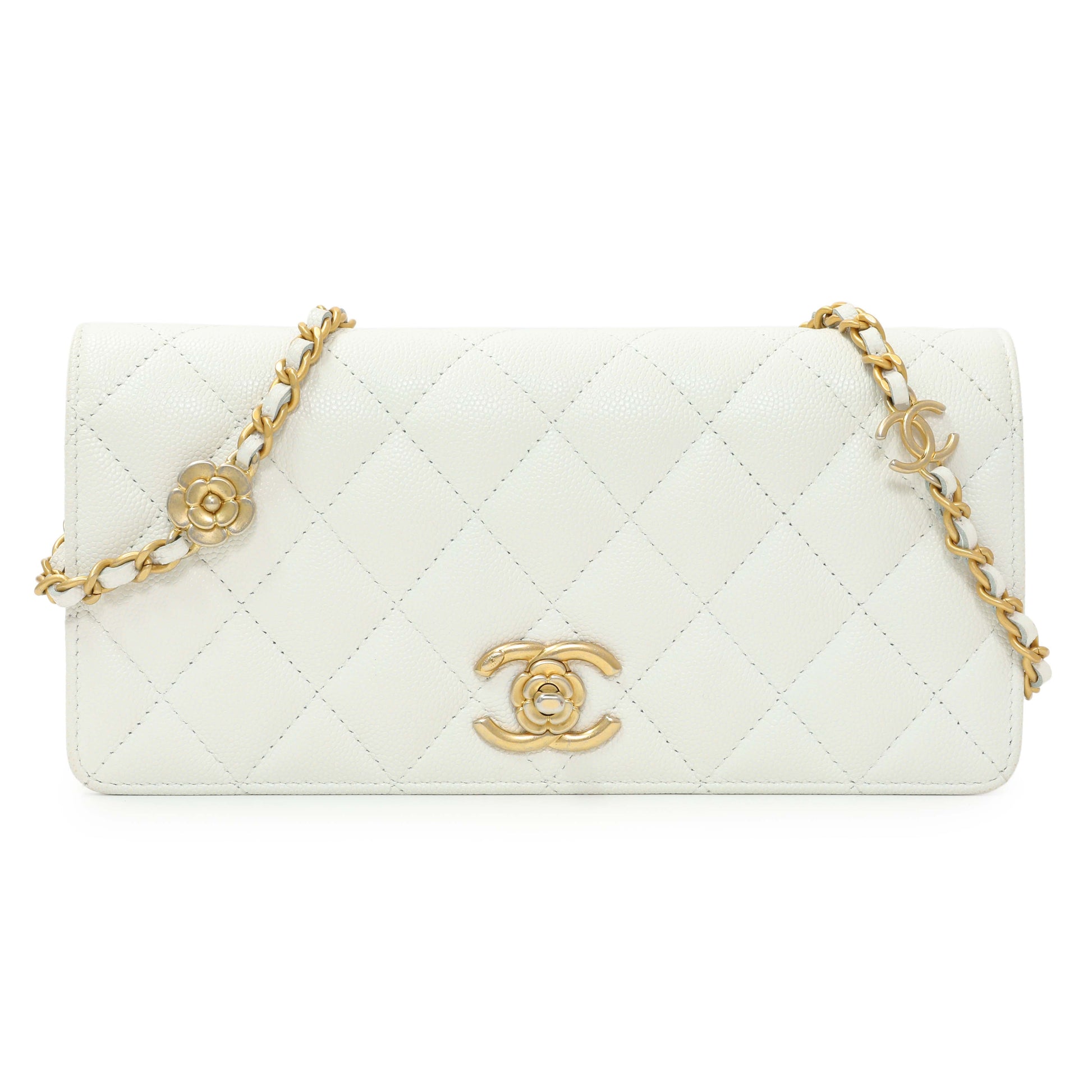Exclusive Chanel White Quilted Caviar Camellia Chain Flap — Front View