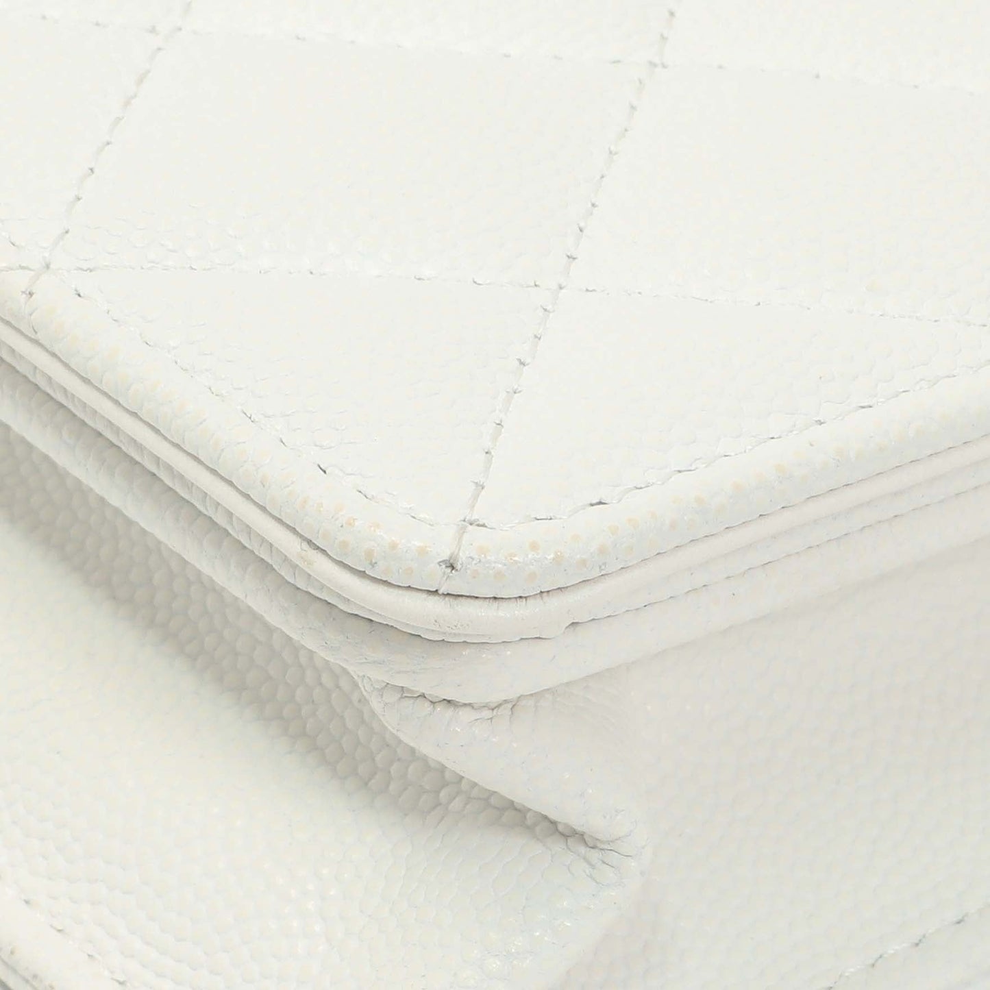 Exclusive Chanel White Quilted Caviar Camellia Chain Flap — Detail View