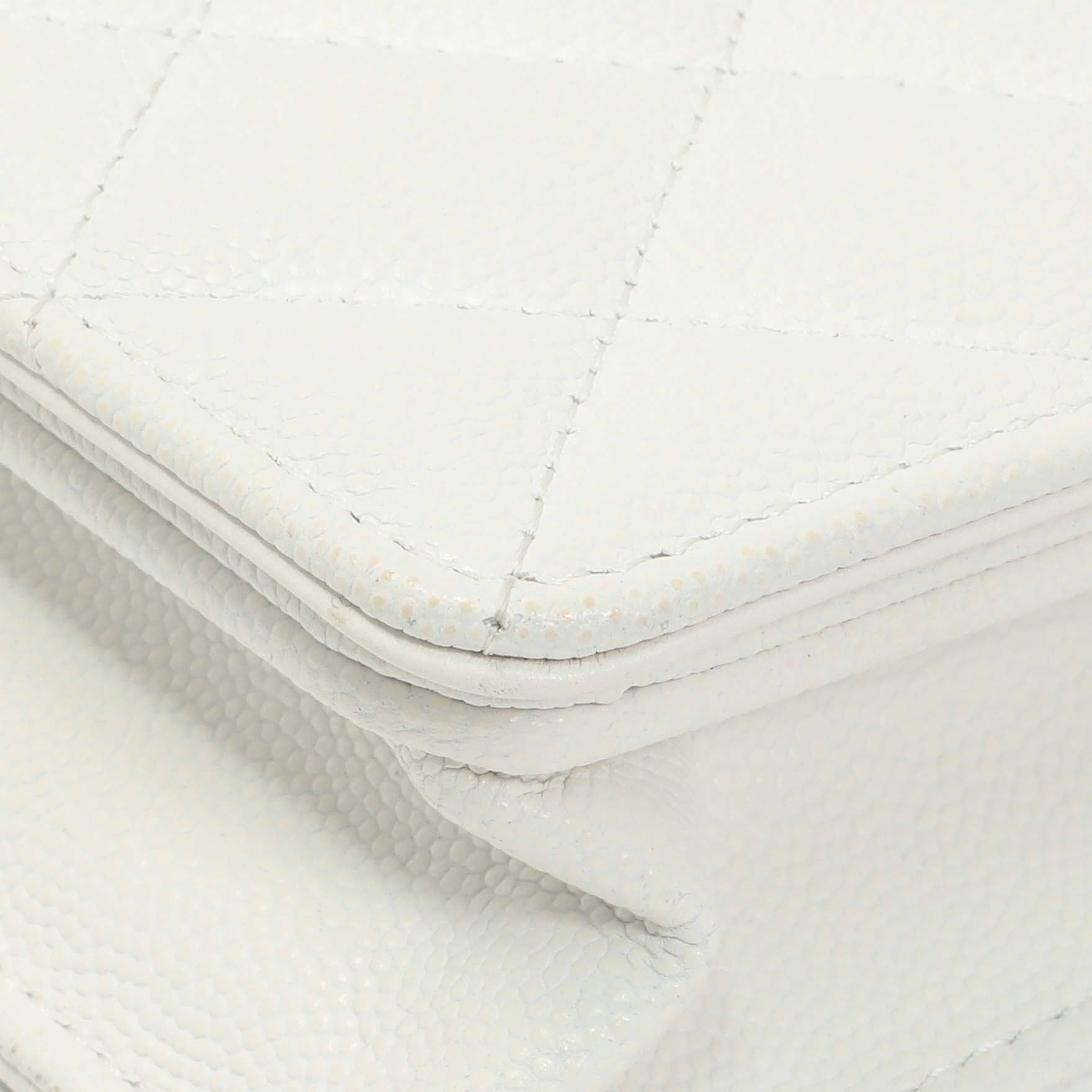 Exclusive Chanel White Quilted Caviar Camellia Chain Flap — Detail View