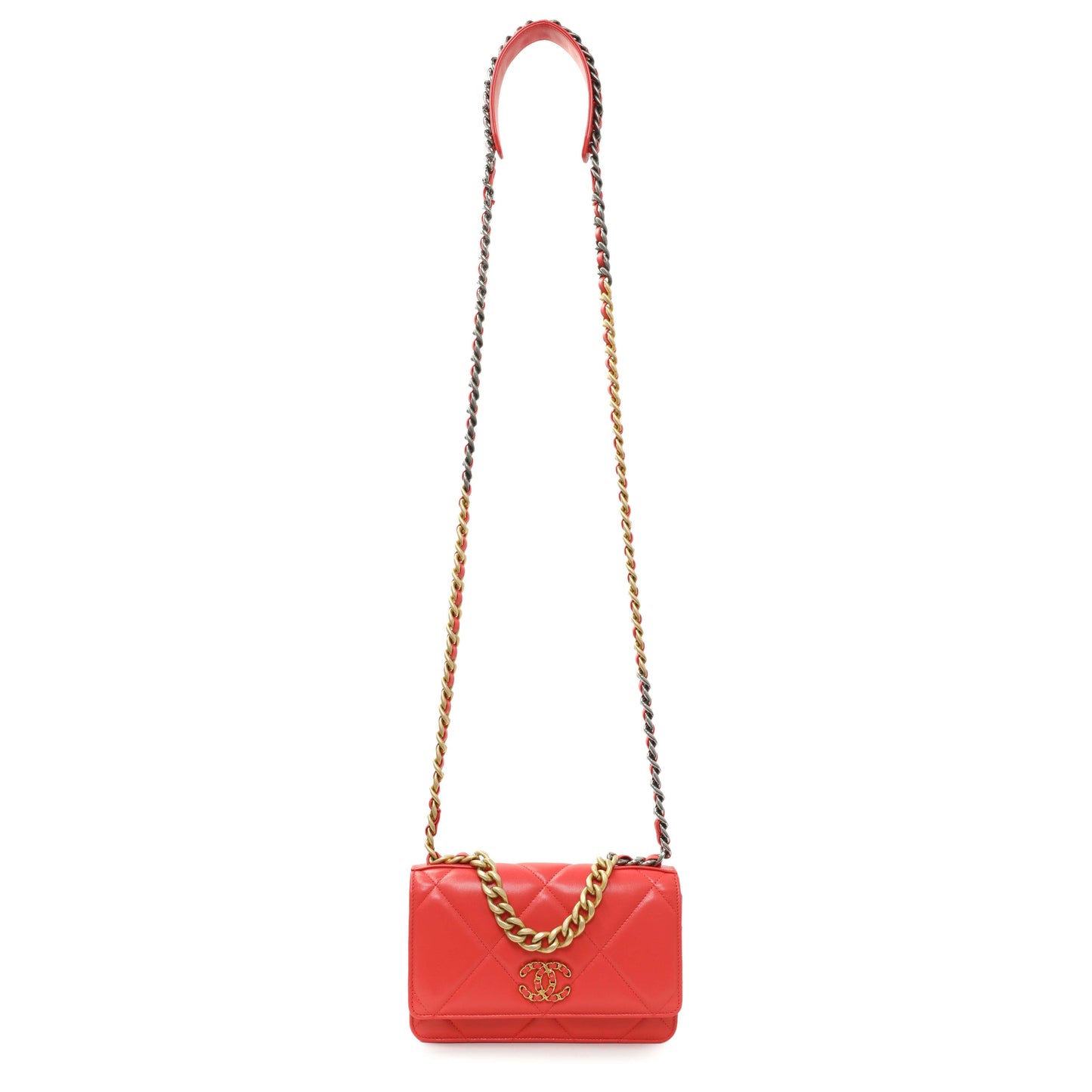 Exclusive Chanel Red Lambskin Quilted Chanel 19 Wallet On Chain — Front View