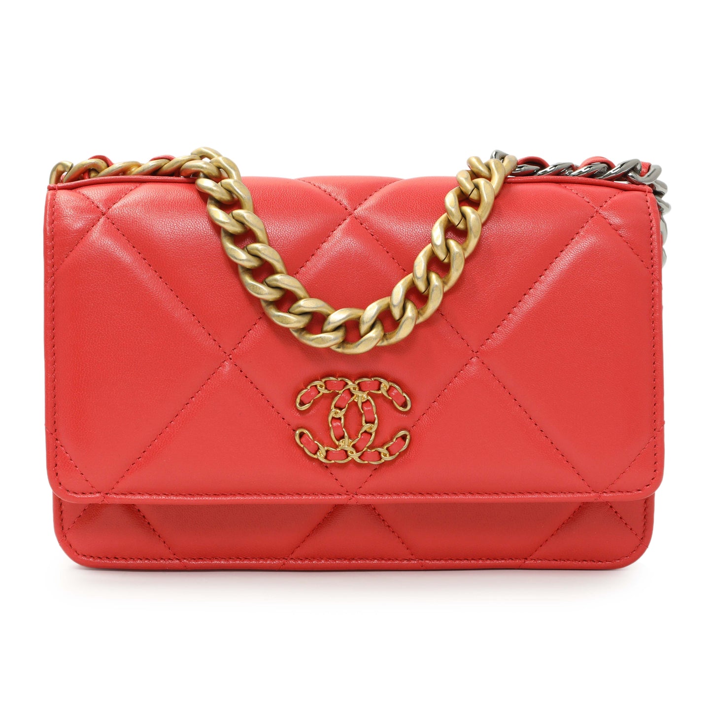 Exclusive Chanel Red Lambskin Quilted Chanel 19 Wallet On Chain — Side View