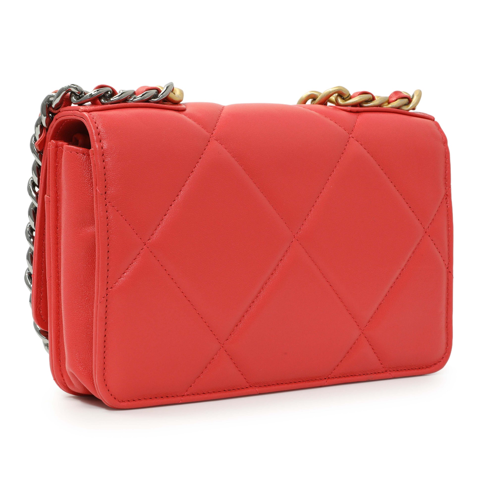Exclusive Chanel Red Lambskin Quilted Chanel 19 Wallet On Chain — Back View