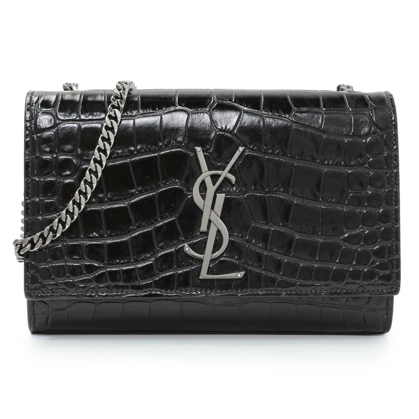Exclusive Saint Laurent Calfskin Crocodile Embossed Small Classic Monogram Kate Satchel — Front View