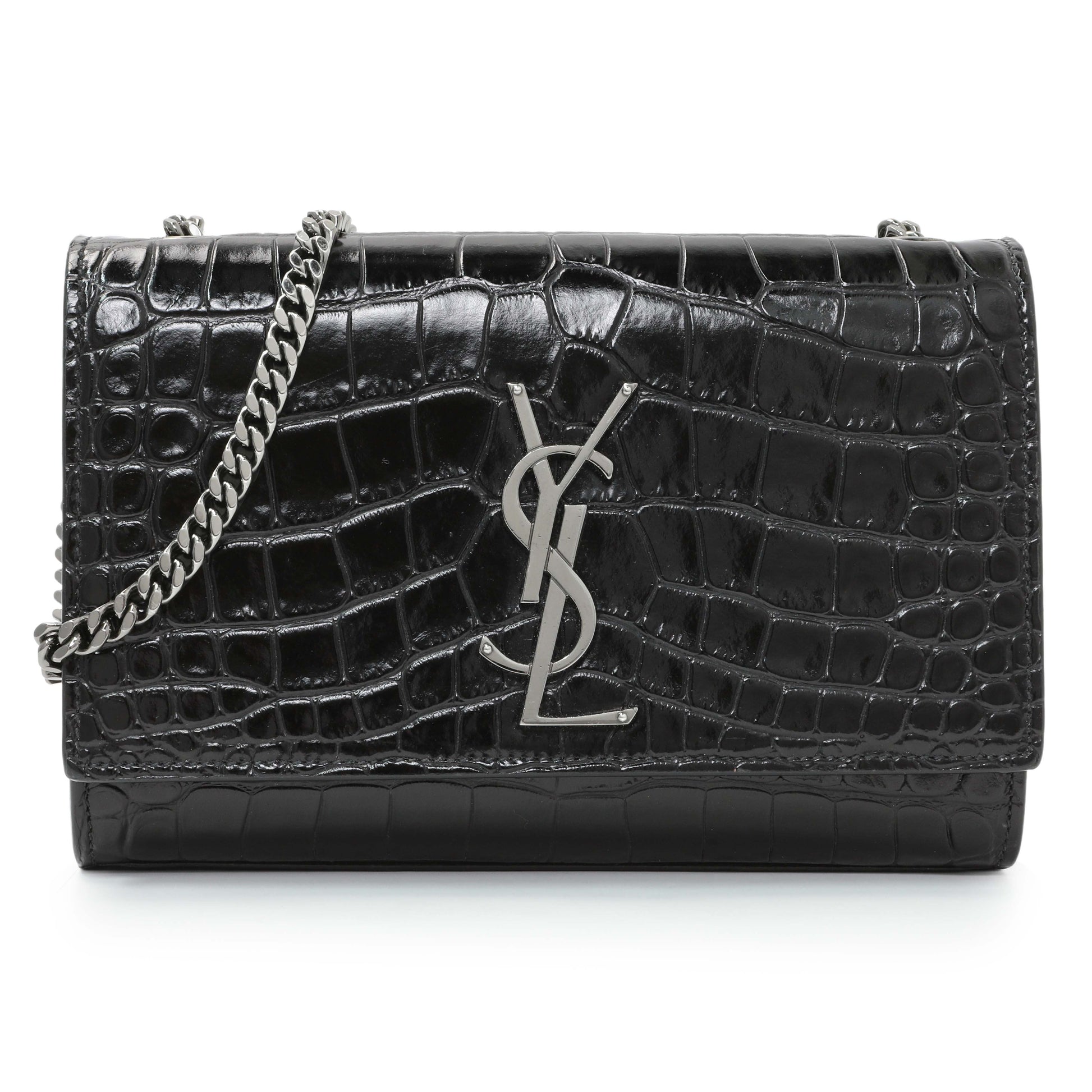Exclusive Saint Laurent Calfskin Crocodile Embossed Small Classic Monogram Kate Satchel — Front View