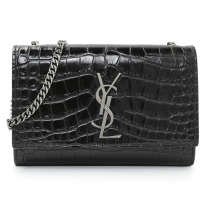 Exclusive Saint Laurent Calfskin Crocodile Embossed Small Classic Monogram Kate Satchel — Front View