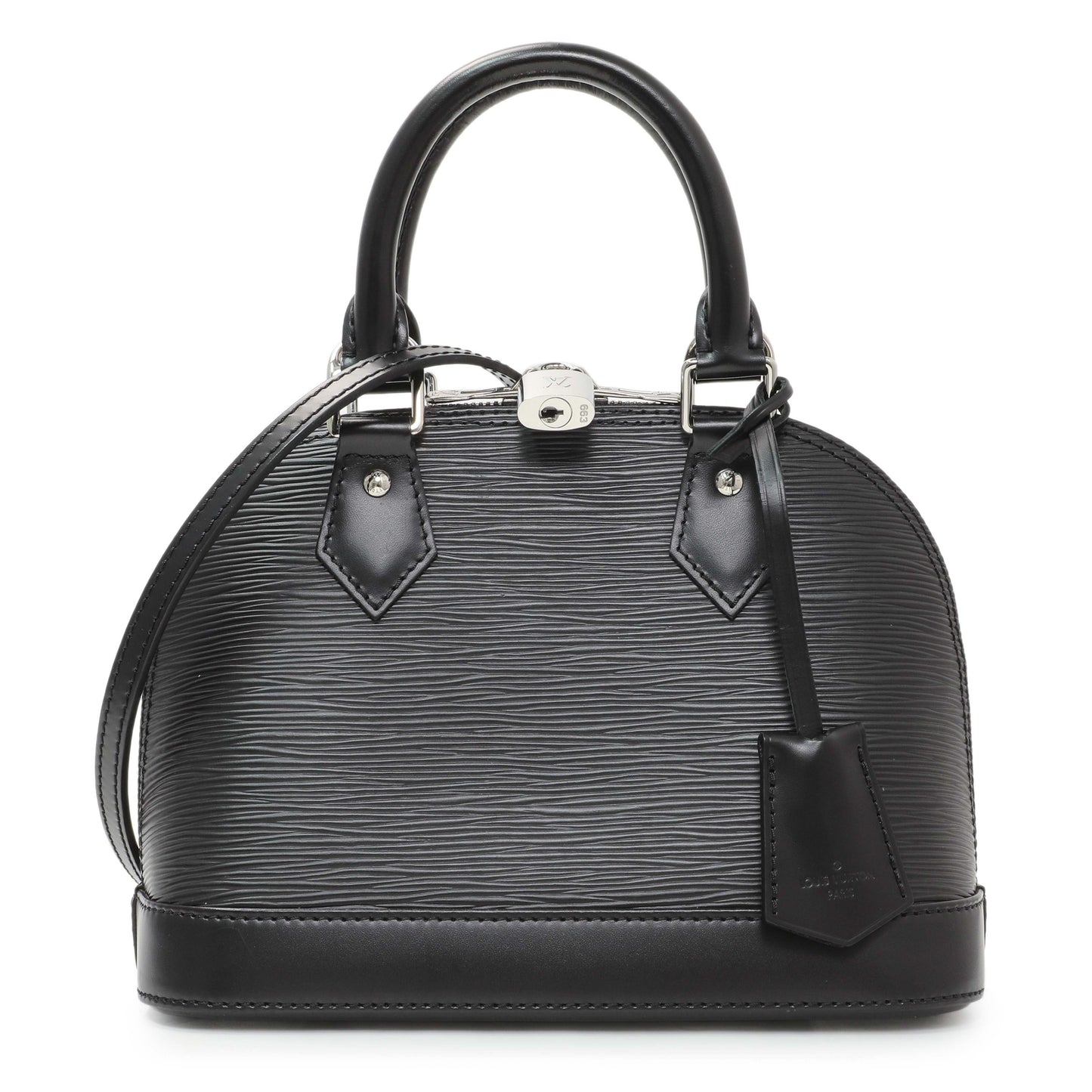 Exclusive Louis Vuitton Black Epi Alma BB with Strap — Front View