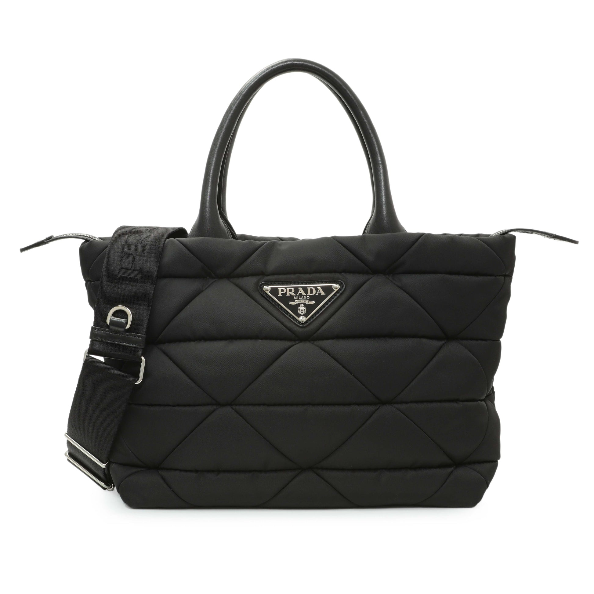 Exclusive Prada Black Re-Nylon Padded Double Handled Zip Tote — Front View