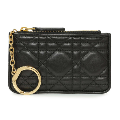 Exclusive Christian Dior Black Lambskin Cannage Lady Dior Zipped Key Case — Front View