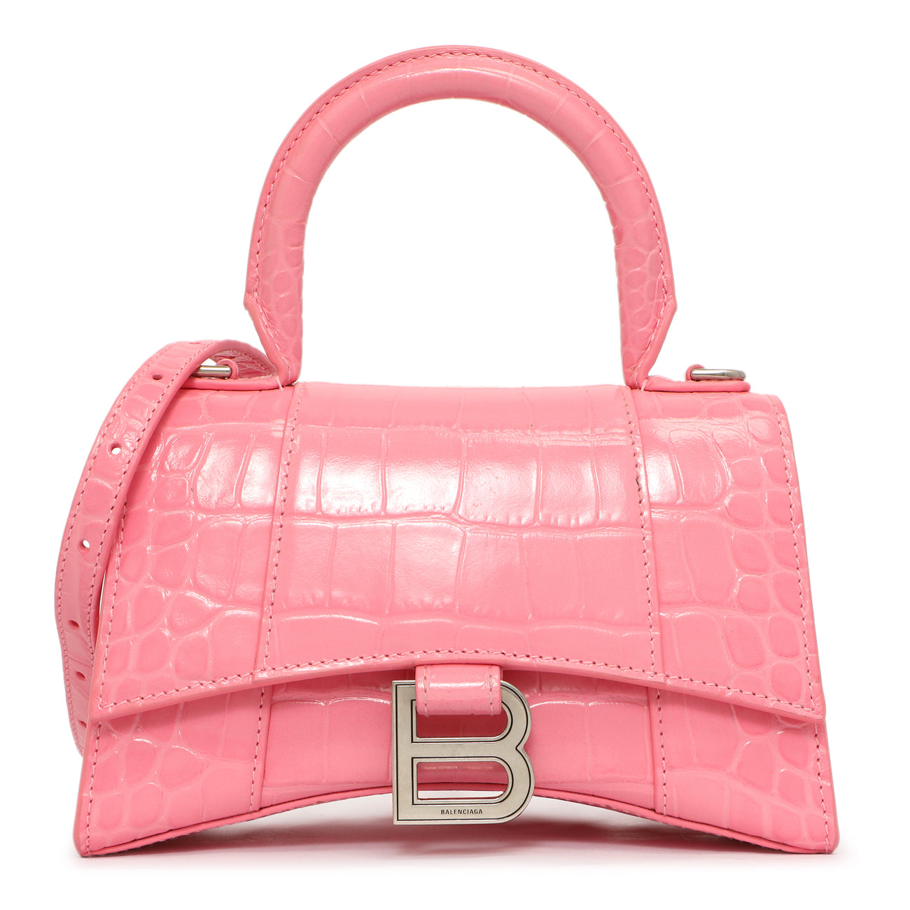 Exclusive Balenciaga Sweet Pink Crocodile Embossed Hourglass Top Handle Bag XS — Front View