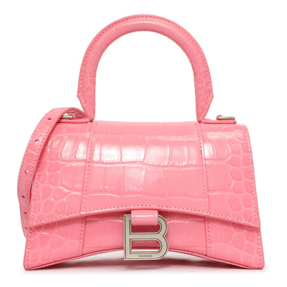 Exclusive Balenciaga Sweet Pink Crocodile Embossed Hourglass Top Handle Bag XS — Front View