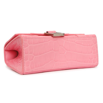 Exclusive Balenciaga Sweet Pink Crocodile Embossed Hourglass Top Handle Bag XS — Back View