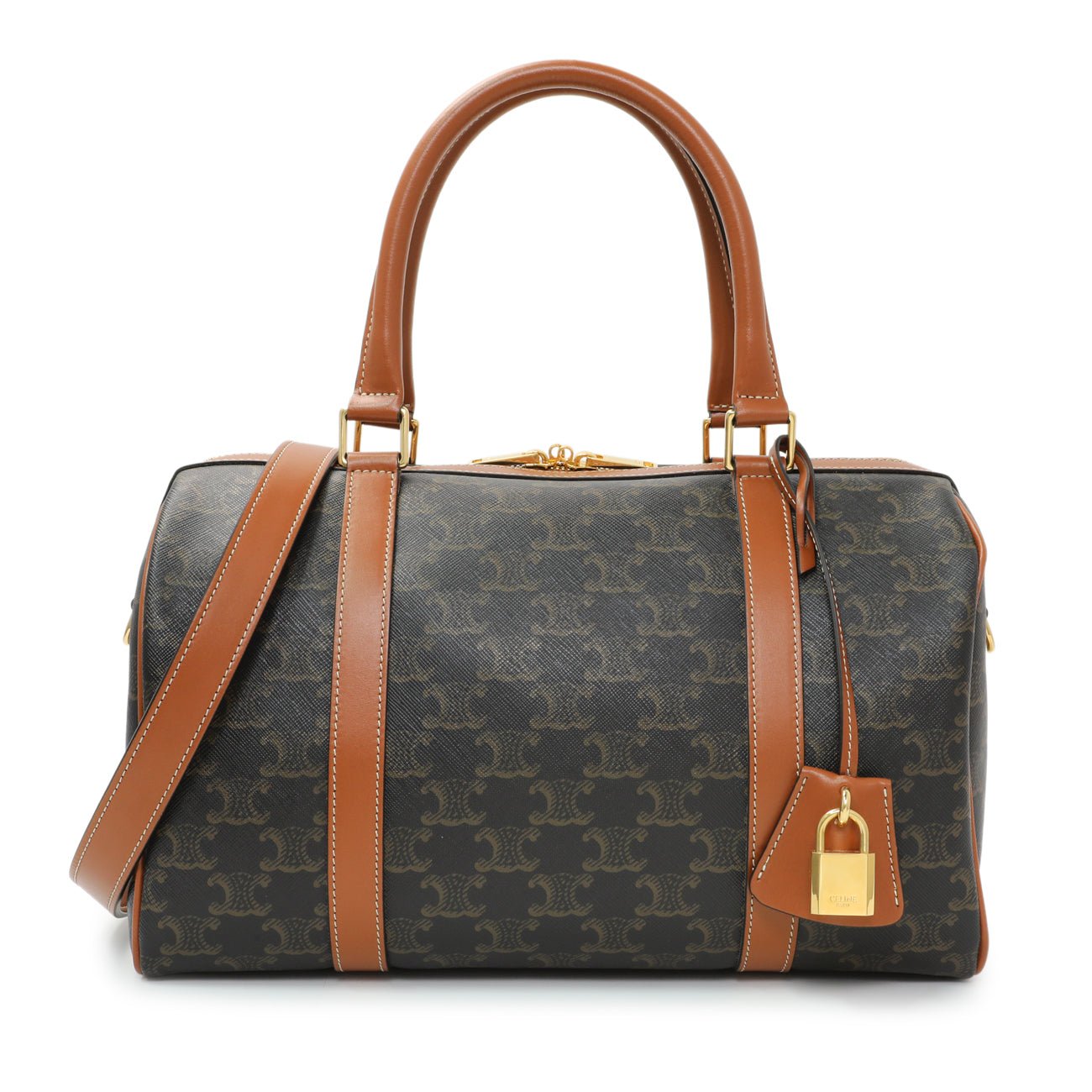 Exclusive Celine Triomphe Canvas Calfskin Boston Bag — Front View