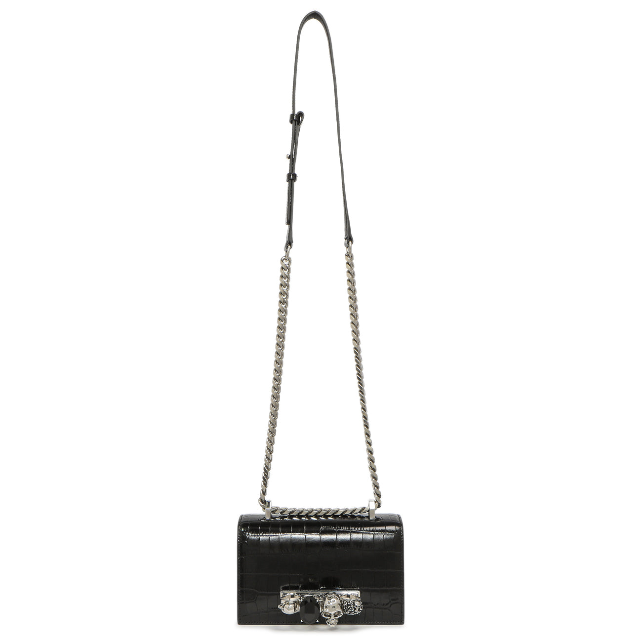 Exclusive Alexander McQueen Black Shiny Crocodile Embossed Calfskin Knuckle Jeweled Shoulder Bag — Front View