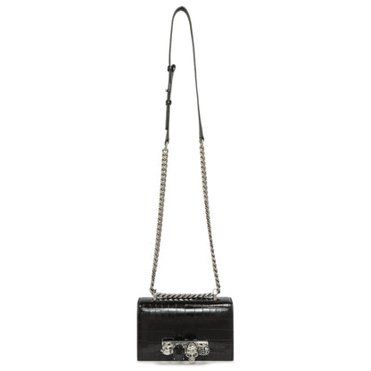Exclusive Alexander McQueen Black Shiny Crocodile Embossed Calfskin Knuckle Jeweled Shoulder Bag — Front View