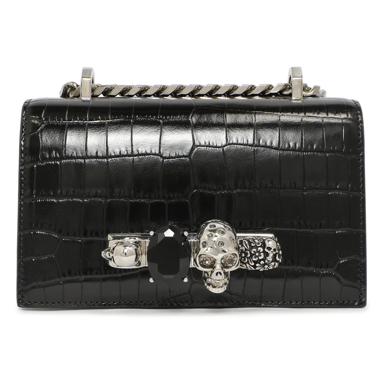 Exclusive Alexander McQueen Black Shiny Crocodile Embossed Calfskin Knuckle Jeweled Shoulder Bag — Side View