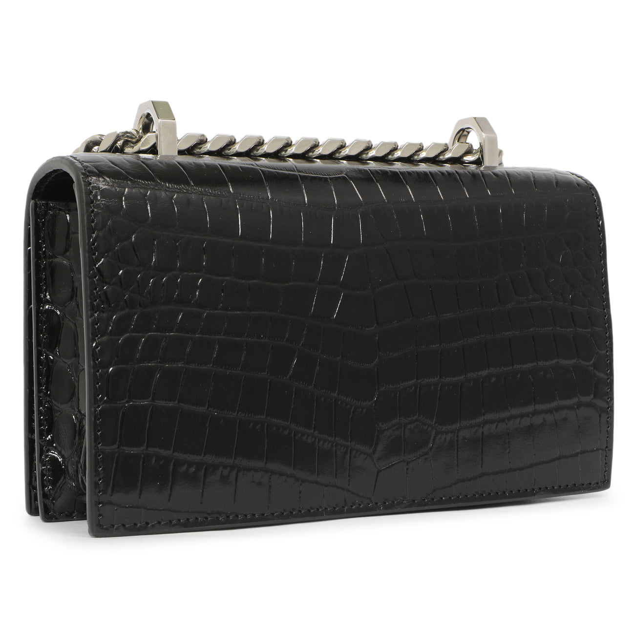 Exclusive Alexander McQueen Black Shiny Crocodile Embossed Calfskin Knuckle Jeweled Shoulder Bag — Back View