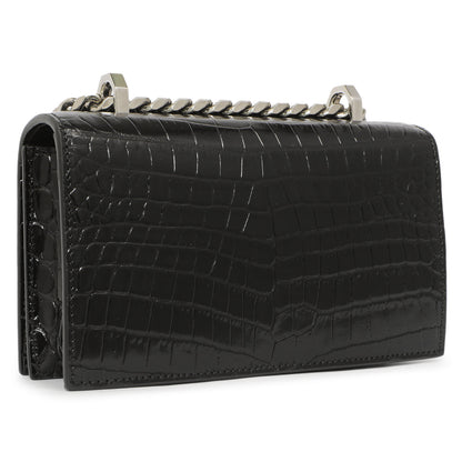 Exclusive Alexander McQueen Black Shiny Crocodile Embossed Calfskin Knuckle Jeweled Shoulder Bag — Back View