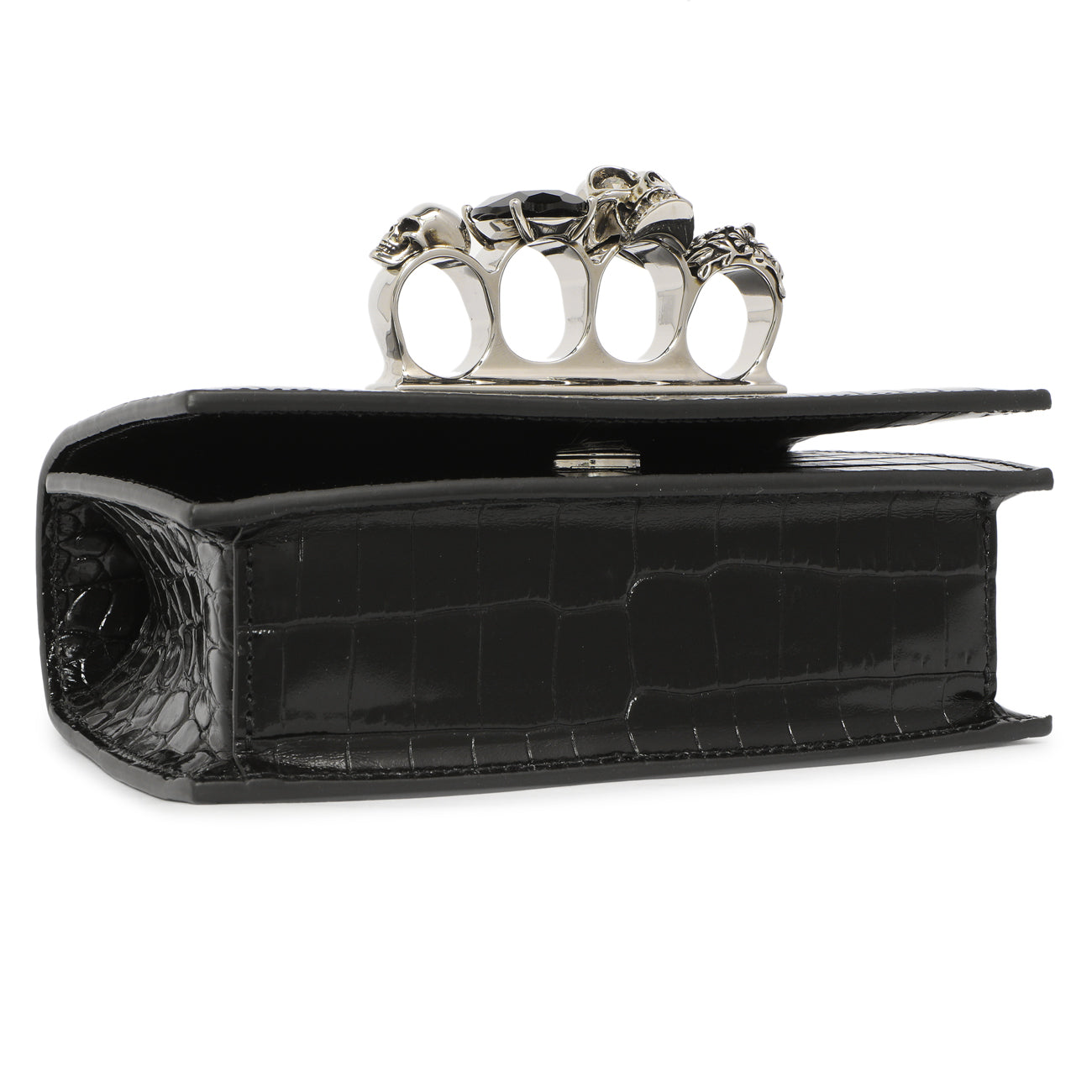Exclusive Alexander McQueen Black Shiny Crocodile Embossed Calfskin Knuckle Jeweled Shoulder Bag — Top View
