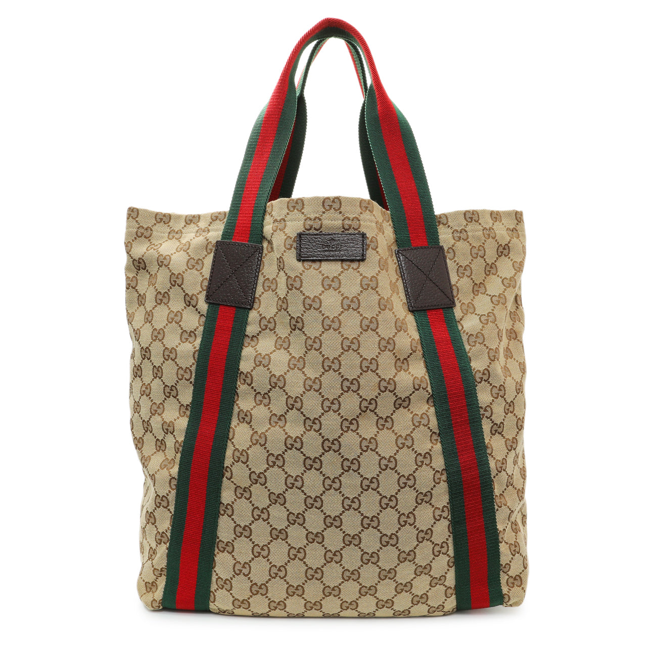 Exclusive Gucci GG Monogram Medium Web Handle Vertical Tote Dark Brown — Front View