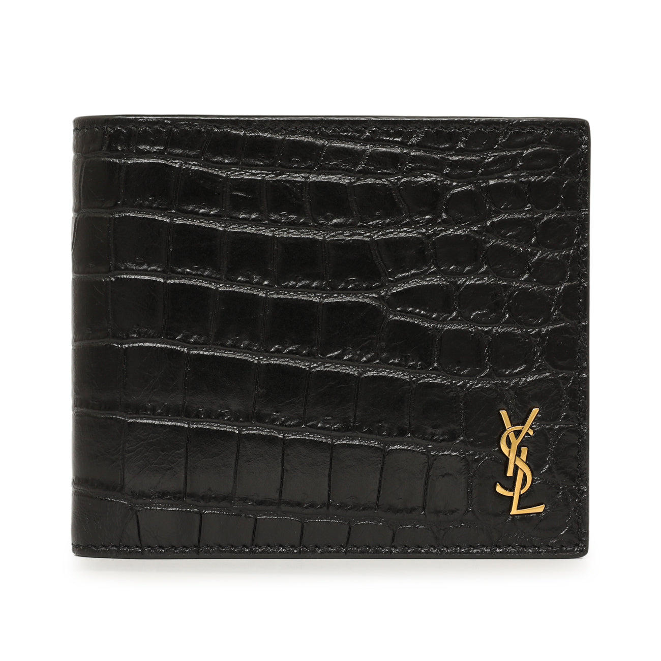 Exclusive Saint Laurent Black Crocodile Embossed Tiny Cassandre East/West Wallet — Front View