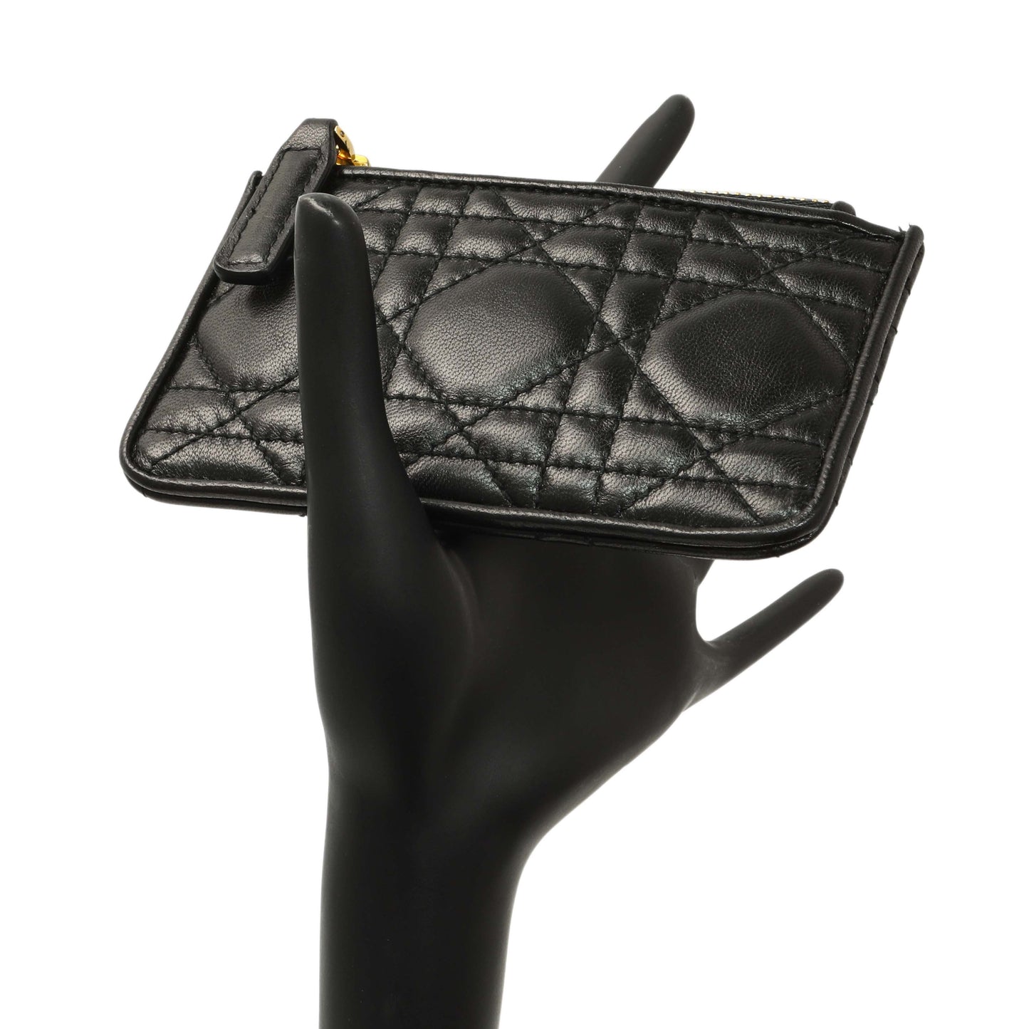 Exclusive Christian Dior Black Lambskin Cannage Lady Dior Zipped Key Case — Lifestyle View