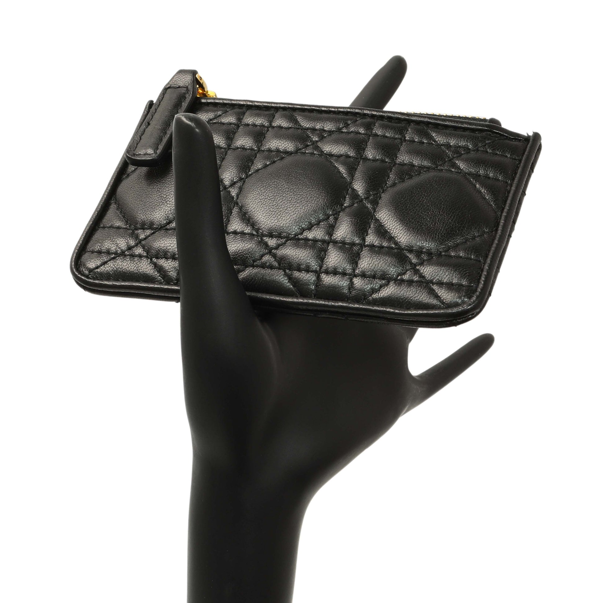 Exclusive Christian Dior Black Lambskin Cannage Lady Dior Zipped Key Case — Lifestyle View