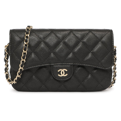 Exclusive Chanel Black Caviar Quilted Flap Phone Holder With Chain — Front View