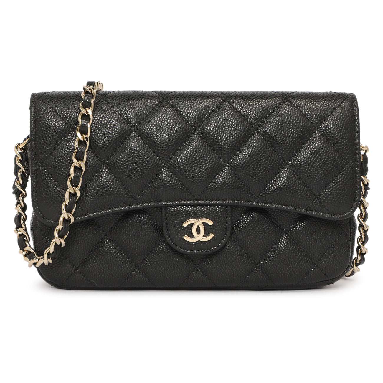 Exclusive Chanel Black Caviar Quilted Flap Phone Holder With Chain — Front View