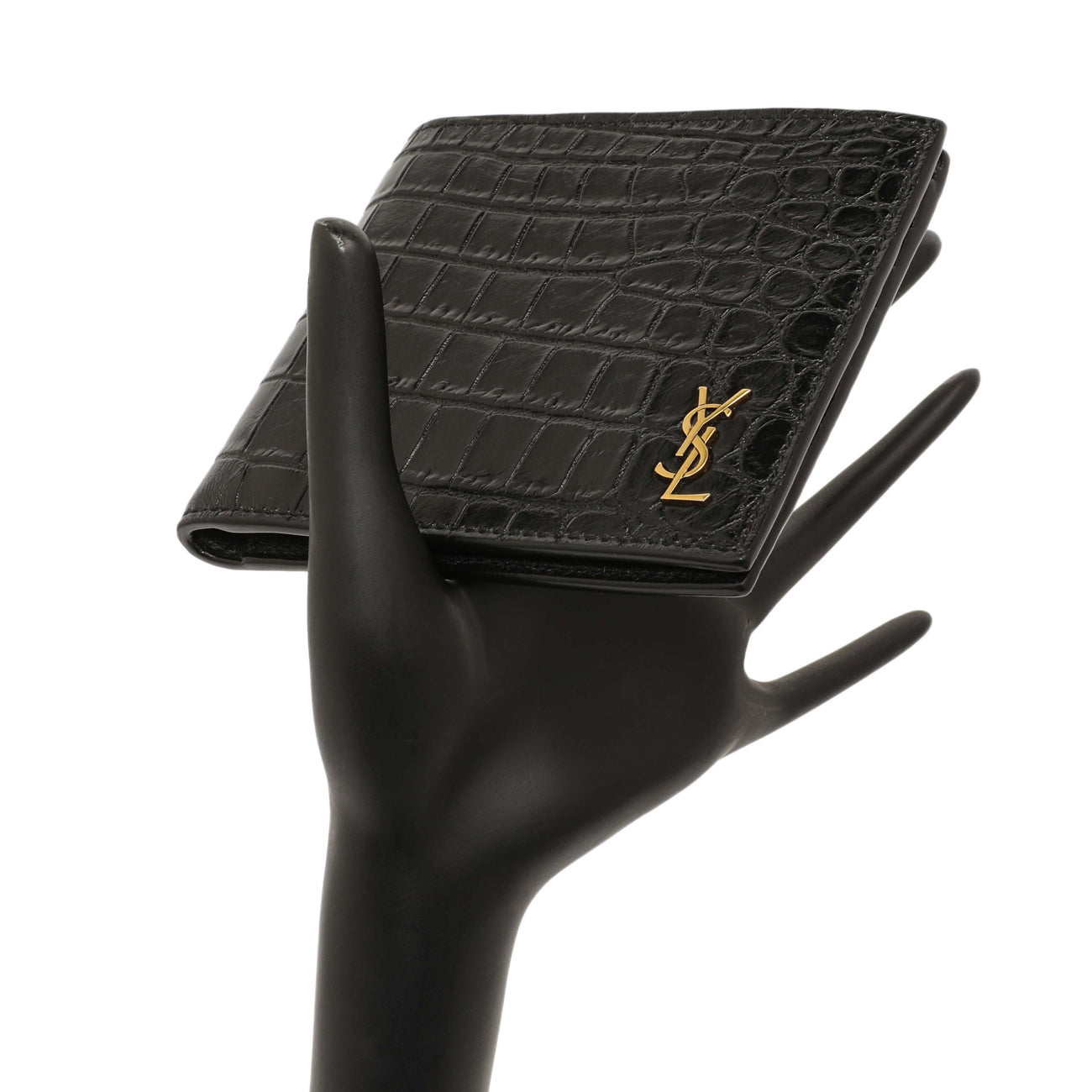 Exclusive Saint Laurent Black Crocodile Embossed Tiny Cassandre East/West Wallet — Lifestyle View