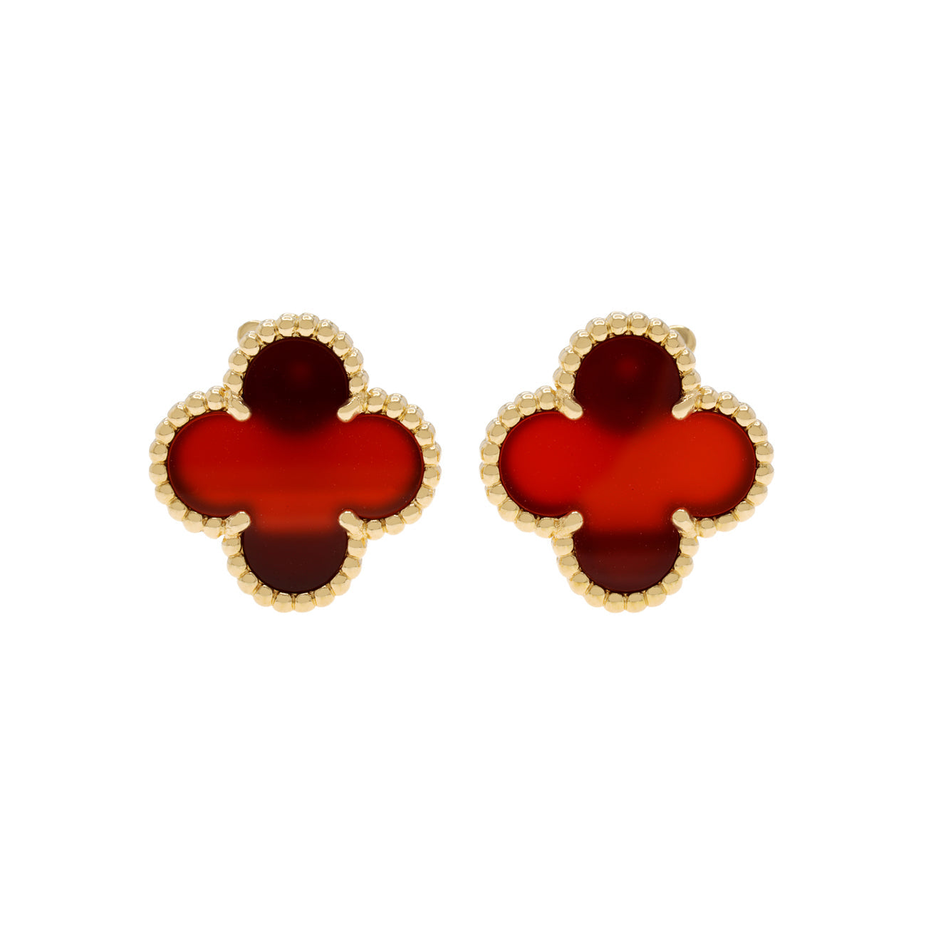 Exclusive Van Cleef & Arpels 18K Yellow Gold Carnelian Vintage Alhambra Earrings — Front View