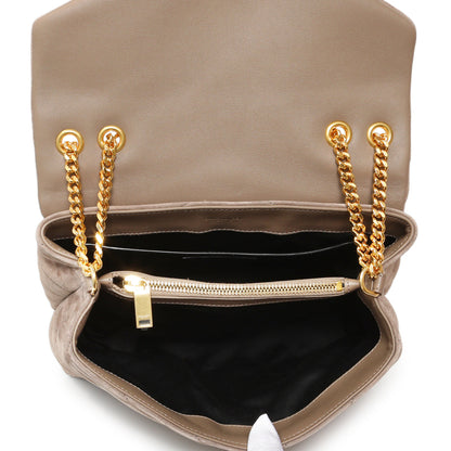 Exclusive Saint Laurent Beige Suede Y Quilted Monogram Small Loulou Chain Satchel — Alternate View 8