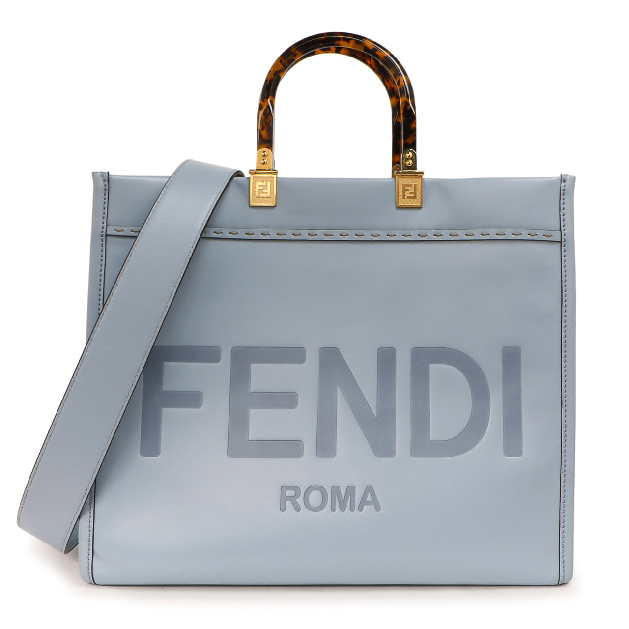 Exclusive Fendi Azzurro Baby Vitello King Plexiglass Medium Sunshine Shopper Tote — Front View