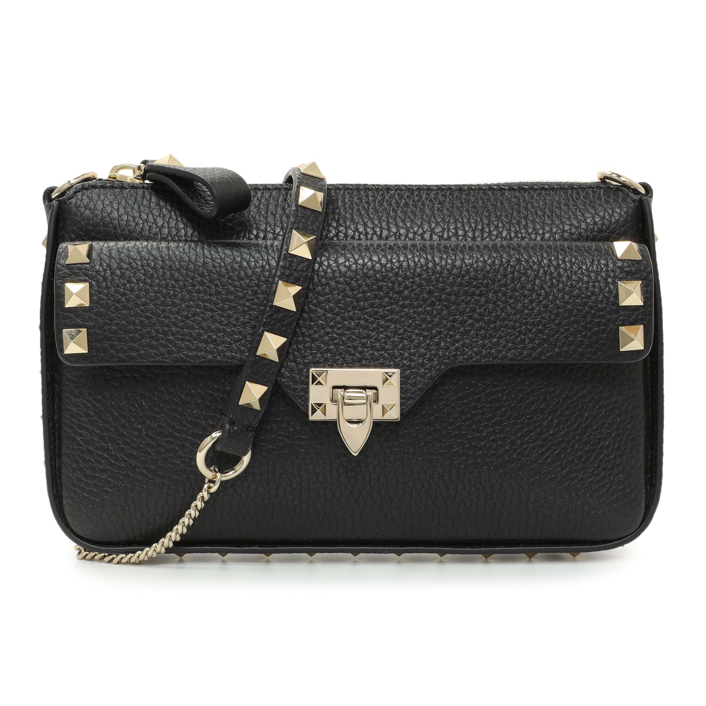 Exclusive Valentino Black Grainy Calfskin Rockstud Chain Crossbody Bag — Front View
