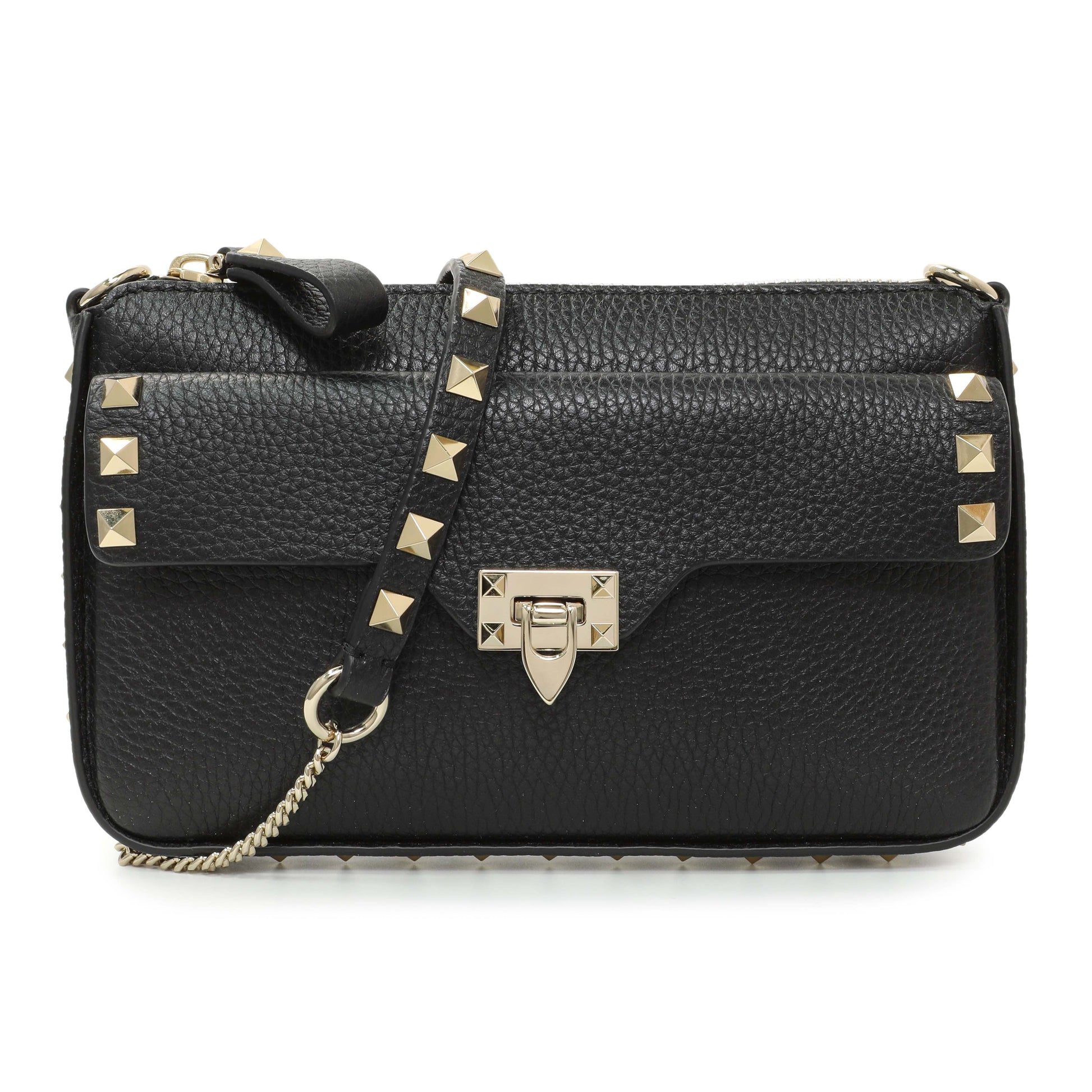 Exclusive Valentino Black Grainy Calfskin Rockstud Chain Crossbody Bag — Front View