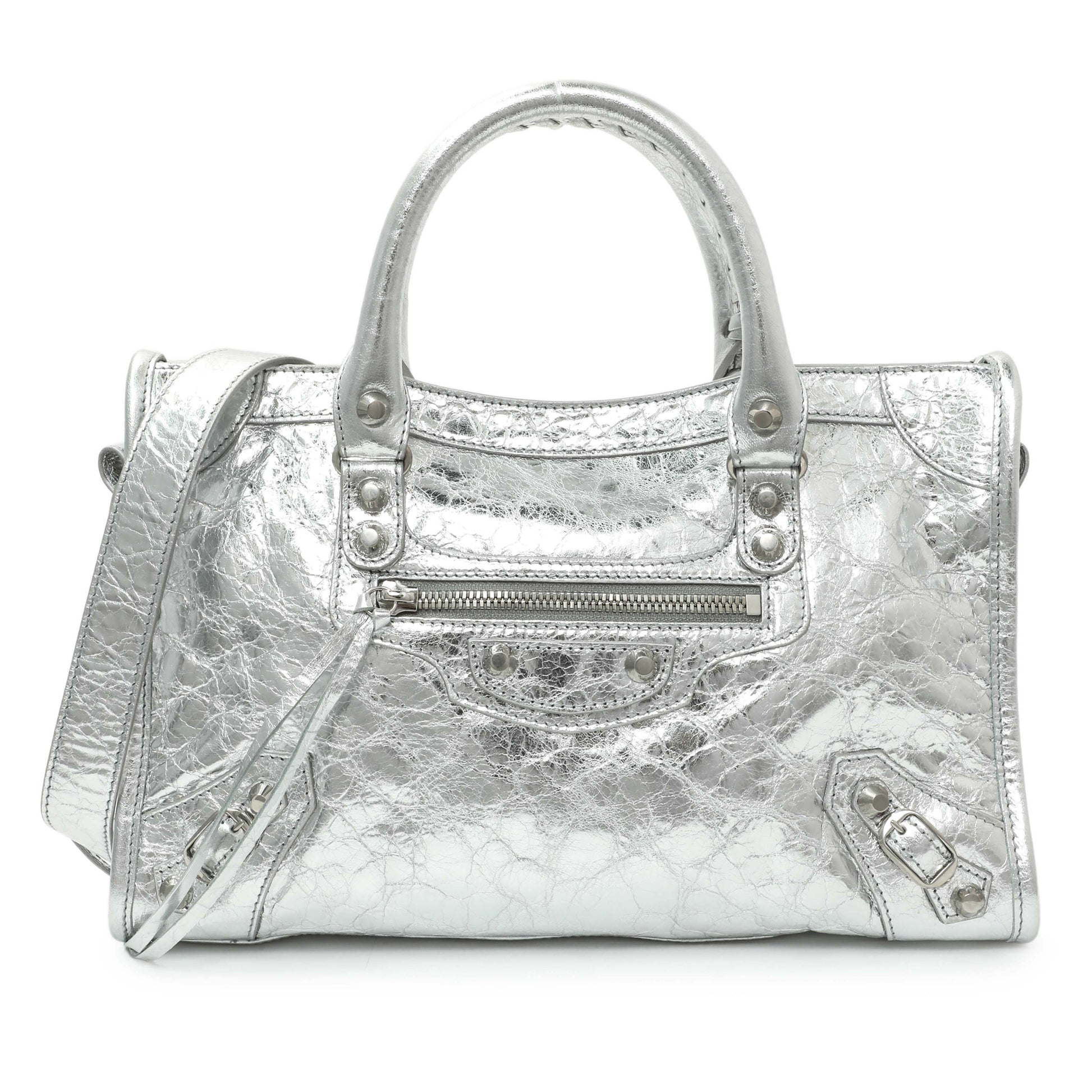 Exclusive Balenciaga Silver Agneau Small Le City — Front View