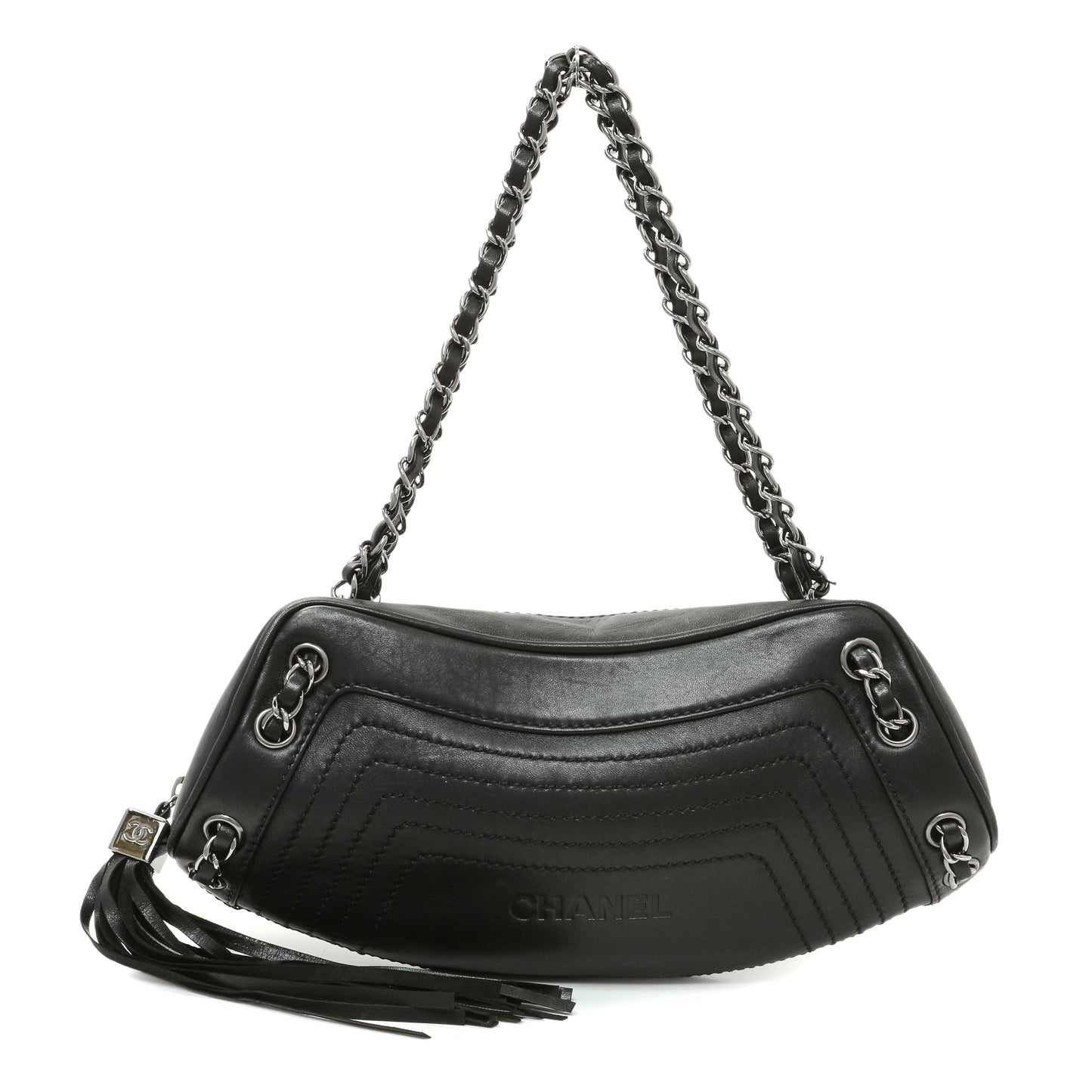 Exclusive Chanel Black Lambskin Lax Tassel Shoulder Bag — Front View