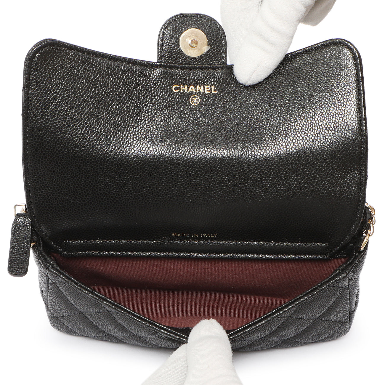 Exclusive Chanel Black Caviar Quilted Flap Phone Holder With Chain — Top View